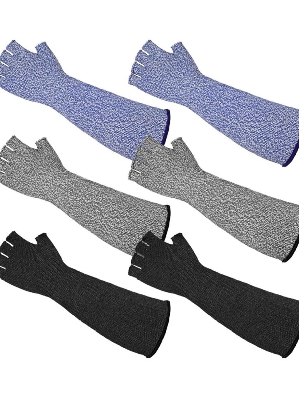 3-Pair Cut Resistant Arm Sleeves Level 5 Thumb Hole XL Black Blue Gray